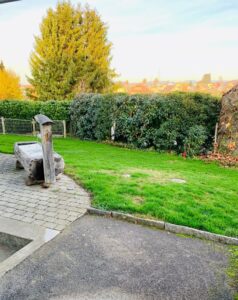 Gartenbereich vor dem Hundesalon PfoteChäller in Auw – entspannte Atmosphäre für Ihren Hund.